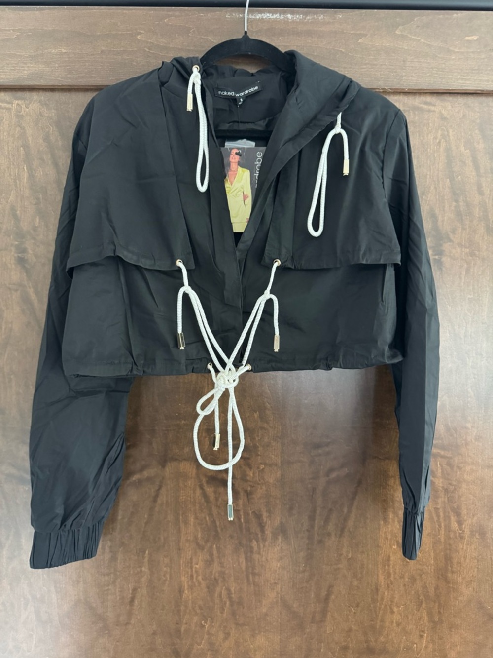 NWT Naked Wardrobe String You Along Black Cropped Windbreaker Jacket with Hood